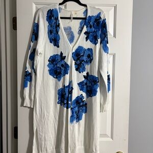 NY Collection White and Blue Floral Cardigan